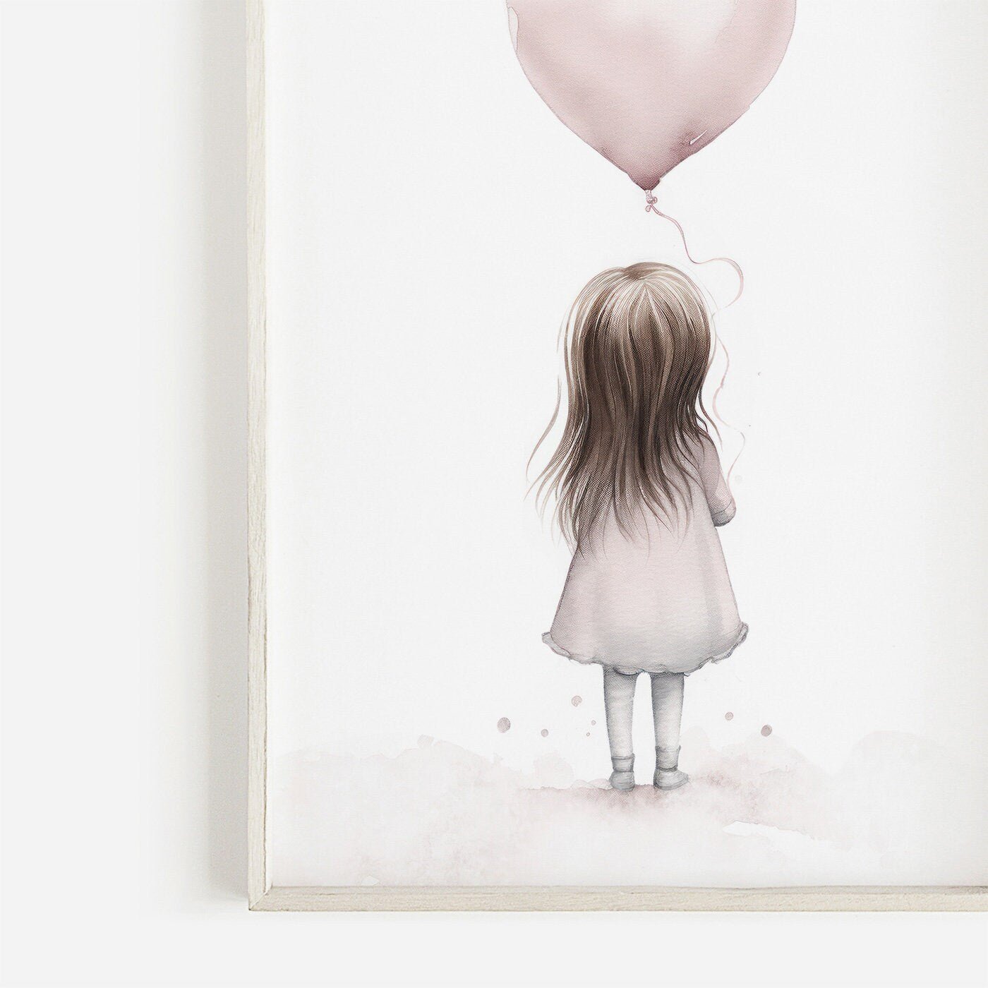 Toddler Girl Holding Heart Balloon, Vintage Watercolor Nursery Decor - WildfieldPrints