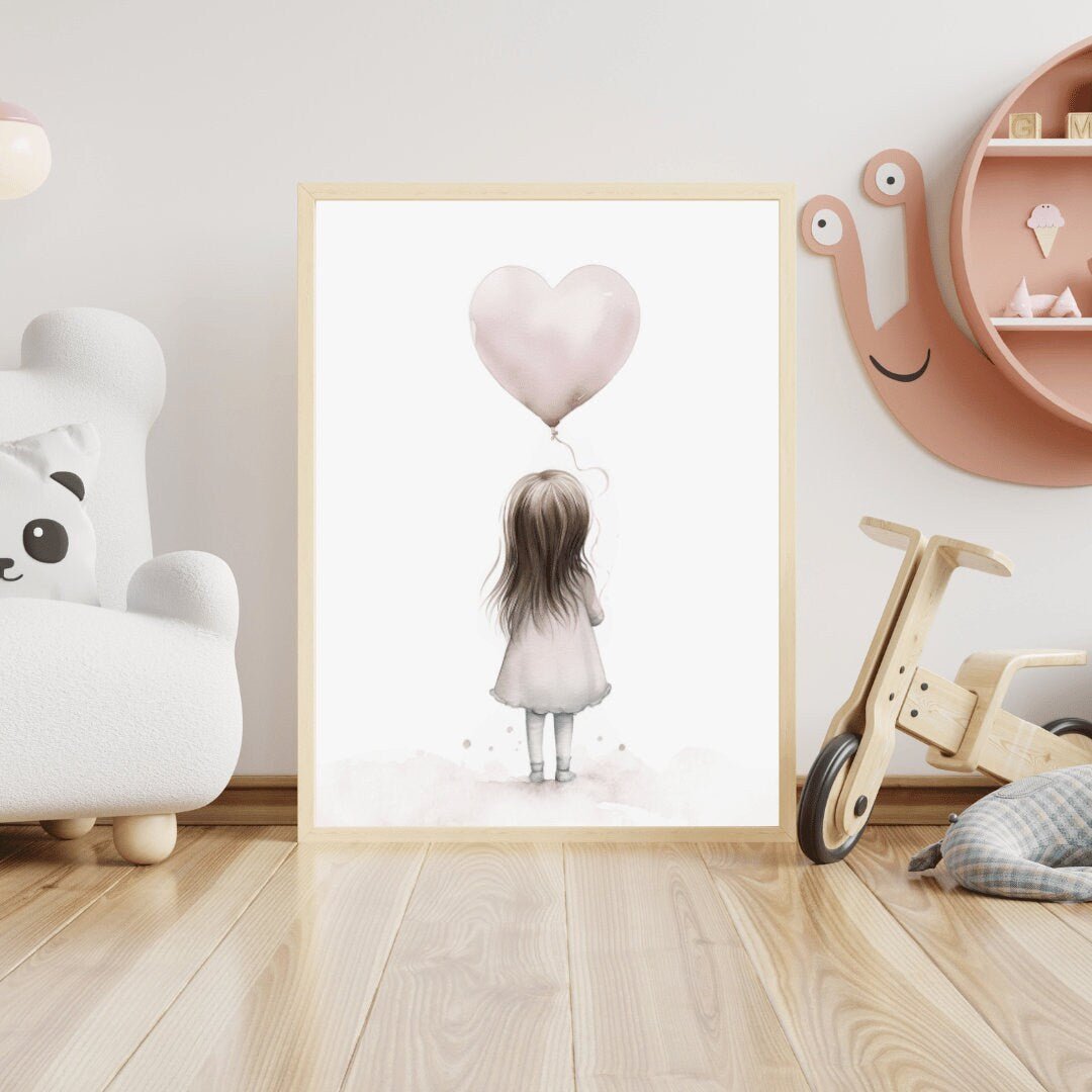 Toddler Girl Holding Heart Balloon, Vintage Watercolor Nursery Decor - WildfieldPrints