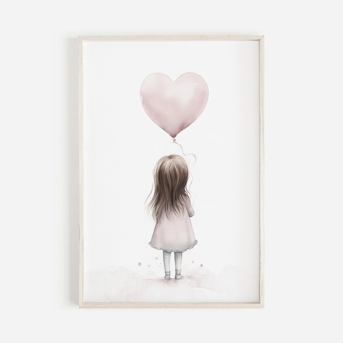Toddler Girl Holding Heart Balloon, Vintage Watercolor Nursery Decor - WildfieldPrints