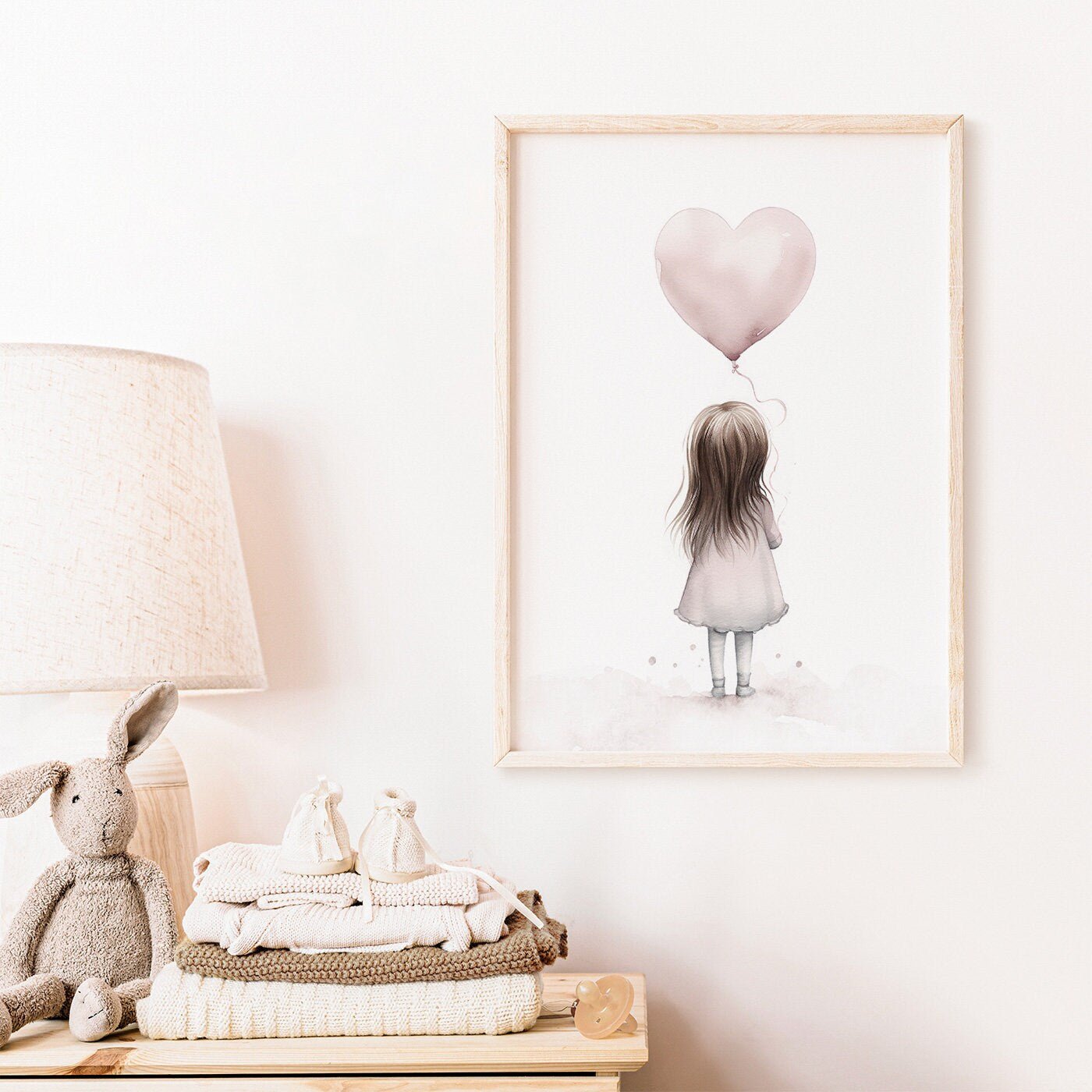Toddler Girl Holding Heart Balloon, Vintage Watercolor Nursery Decor - WildfieldPrints