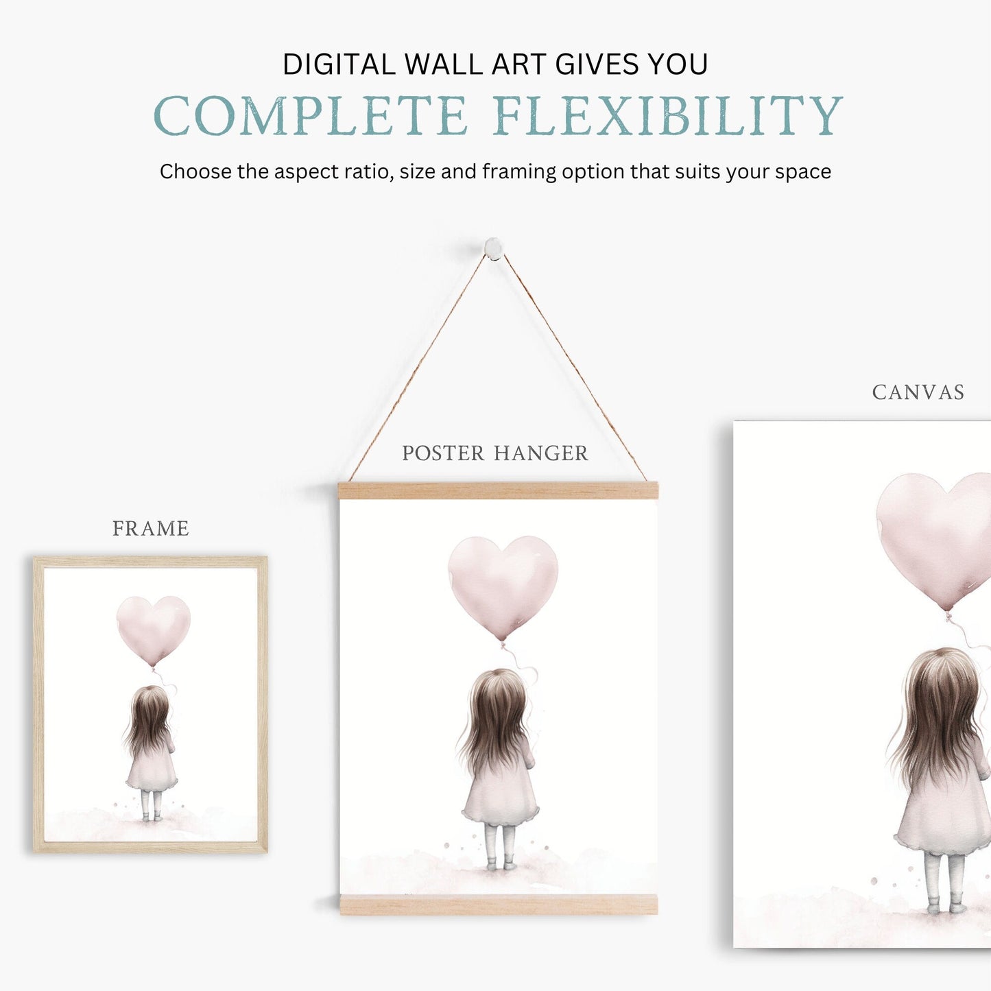 Toddler Girl Holding Heart Balloon, Vintage Watercolor Nursery Decor - WildfieldPrints
