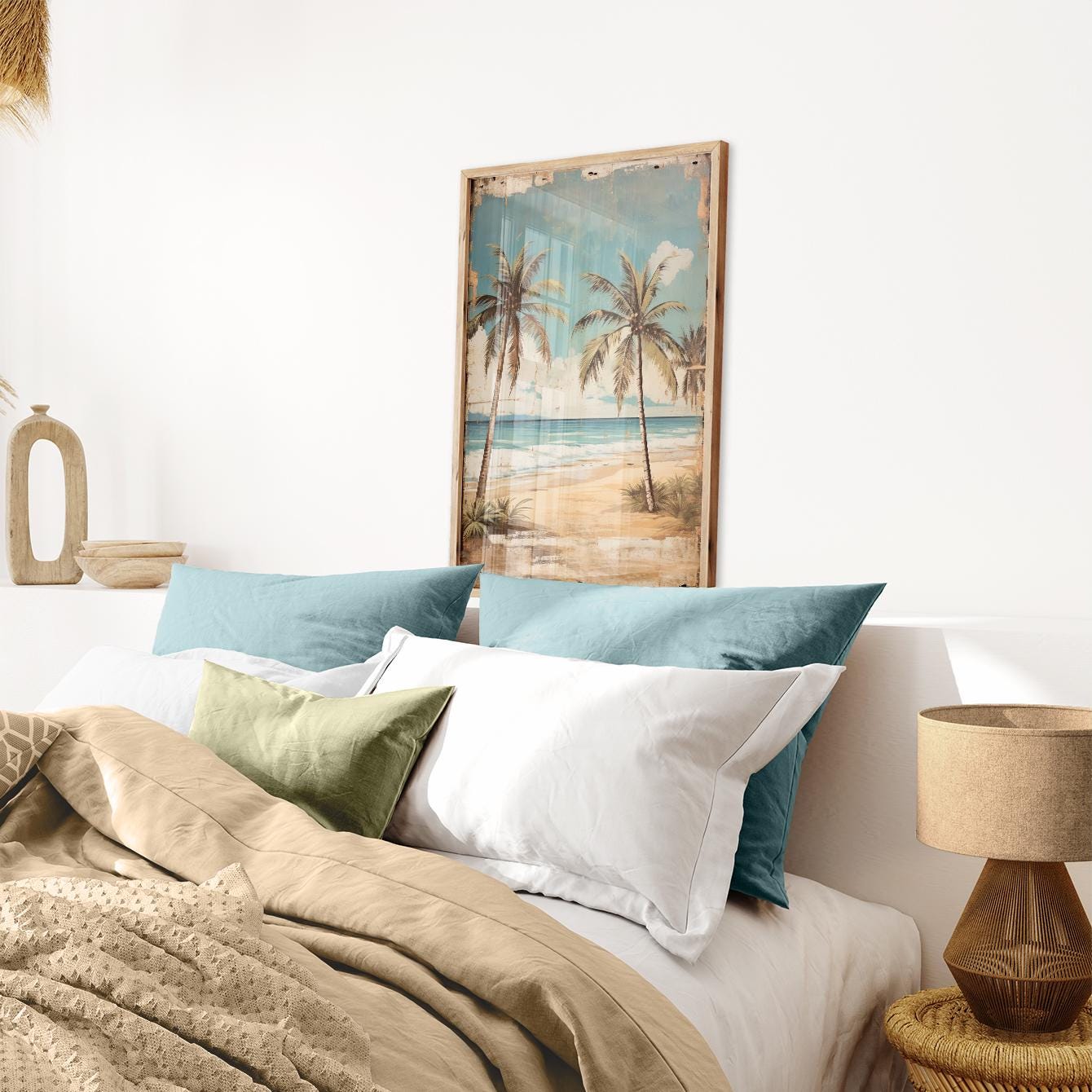 Tropical Beach Painting, Vintage Wall Art, Palm Tree Home Decor - WildfieldPrints