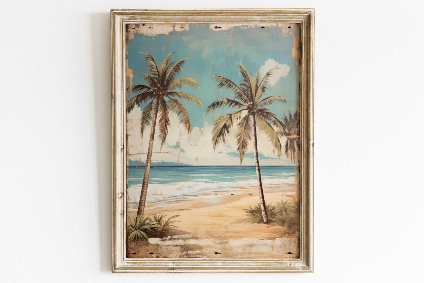 Tropical Beach Painting, Vintage Wall Art, Palm Tree Home Decor - WildfieldPrints
