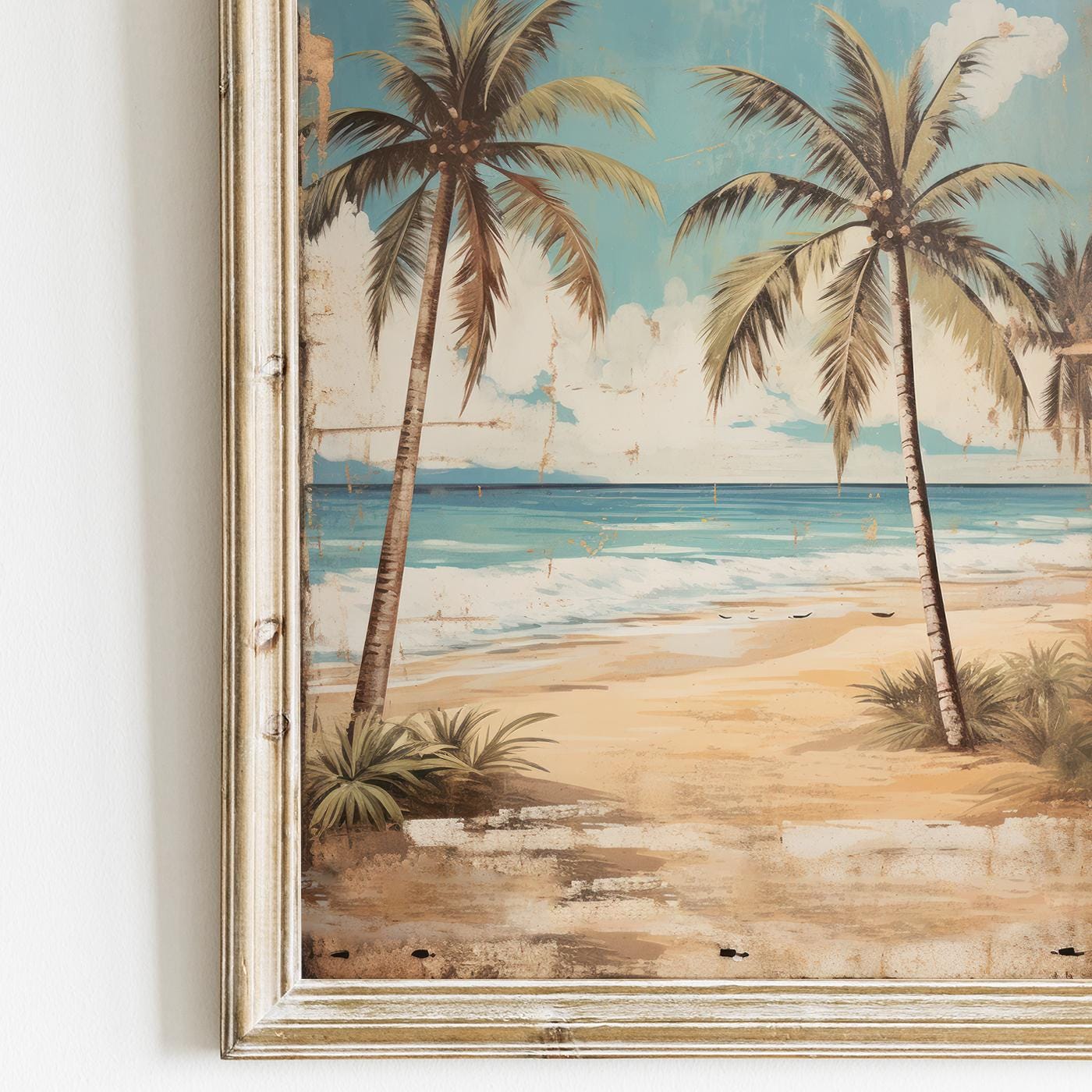 Tropical Beach Painting, Vintage Wall Art, Palm Tree Home Decor - WildfieldPrints