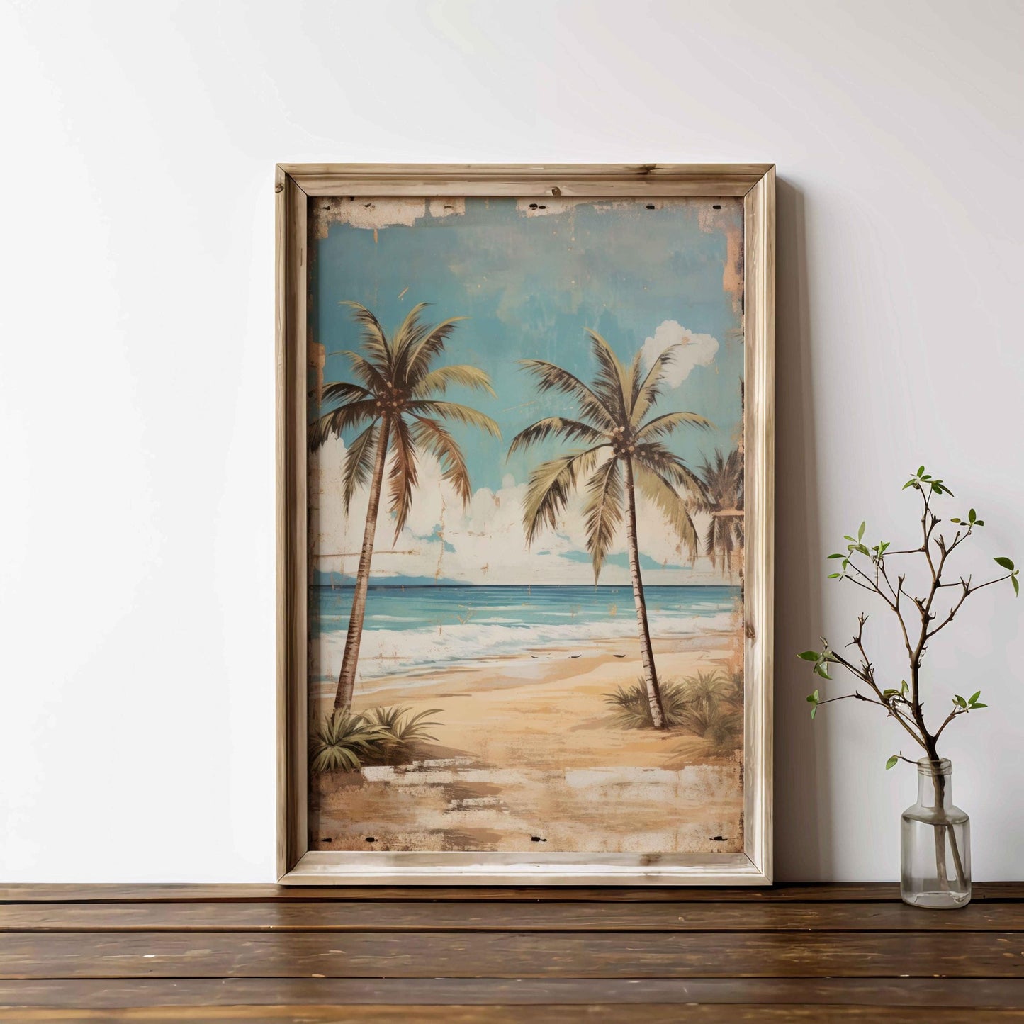Tropical Beach Painting, Vintage Wall Art, Palm Tree Home Decor - WildfieldPrints
