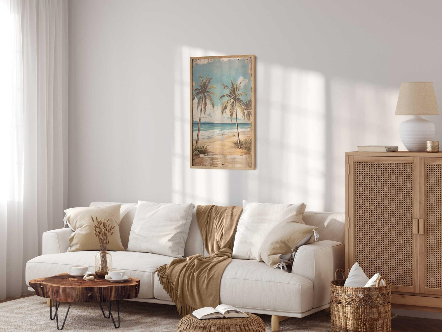 Tropical Beach Painting, Vintage Wall Art, Palm Tree Home Decor - WildfieldPrints