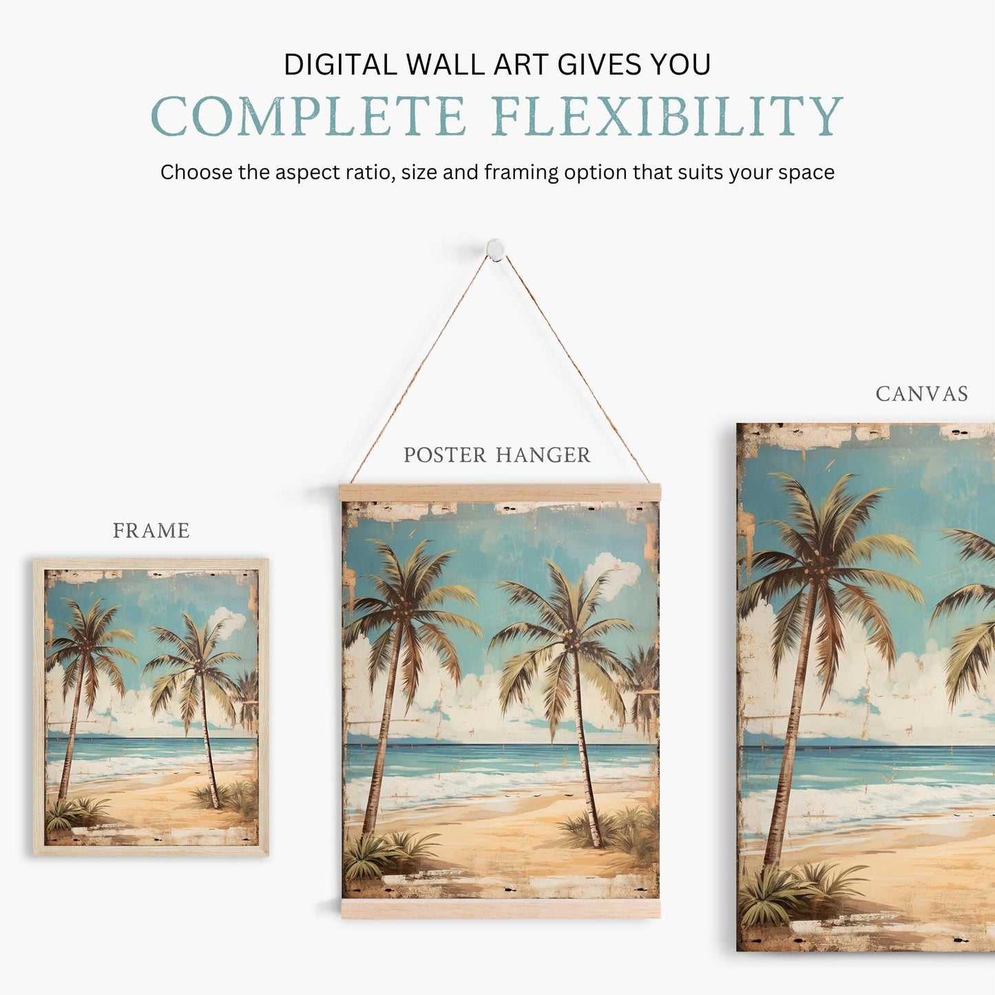 Tropical Beach Painting, Vintage Wall Art, Palm Tree Home Decor - WildfieldPrints