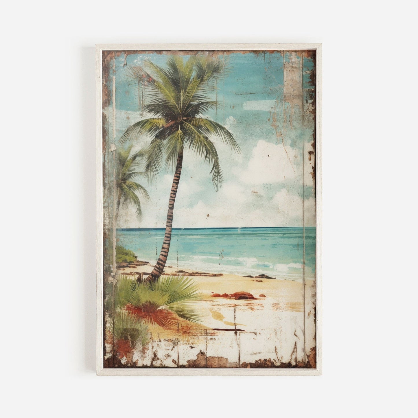 Tropical Beach Print, Vintage Palm Tree Art, Rustic Coastal Decor - WildfieldPrints