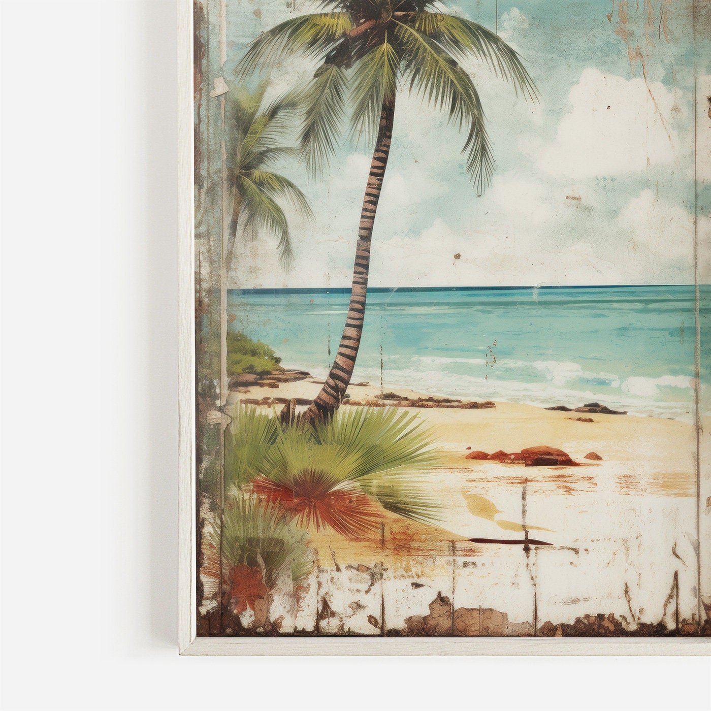 Tropical Beach Print, Vintage Palm Tree Art, Rustic Coastal Decor - WildfieldPrints