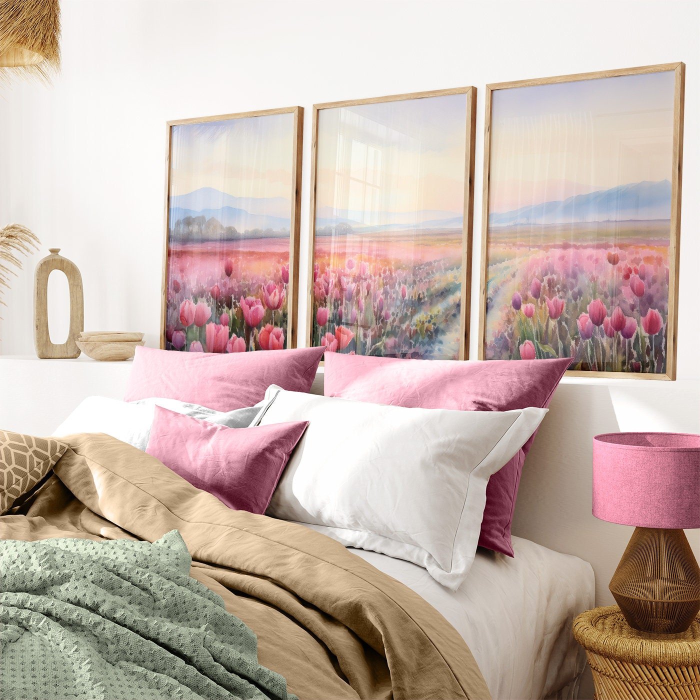 Tulip Field Art Triptych, Mountain Sunset & Blooming Flowers Decor - WildfieldPrints