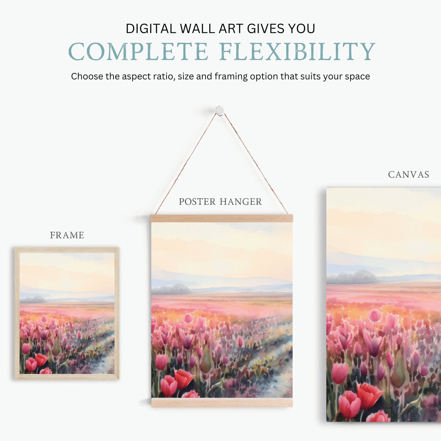 Tulip Field Art Triptych, Mountain Sunset & Blooming Flowers Decor - WildfieldPrints