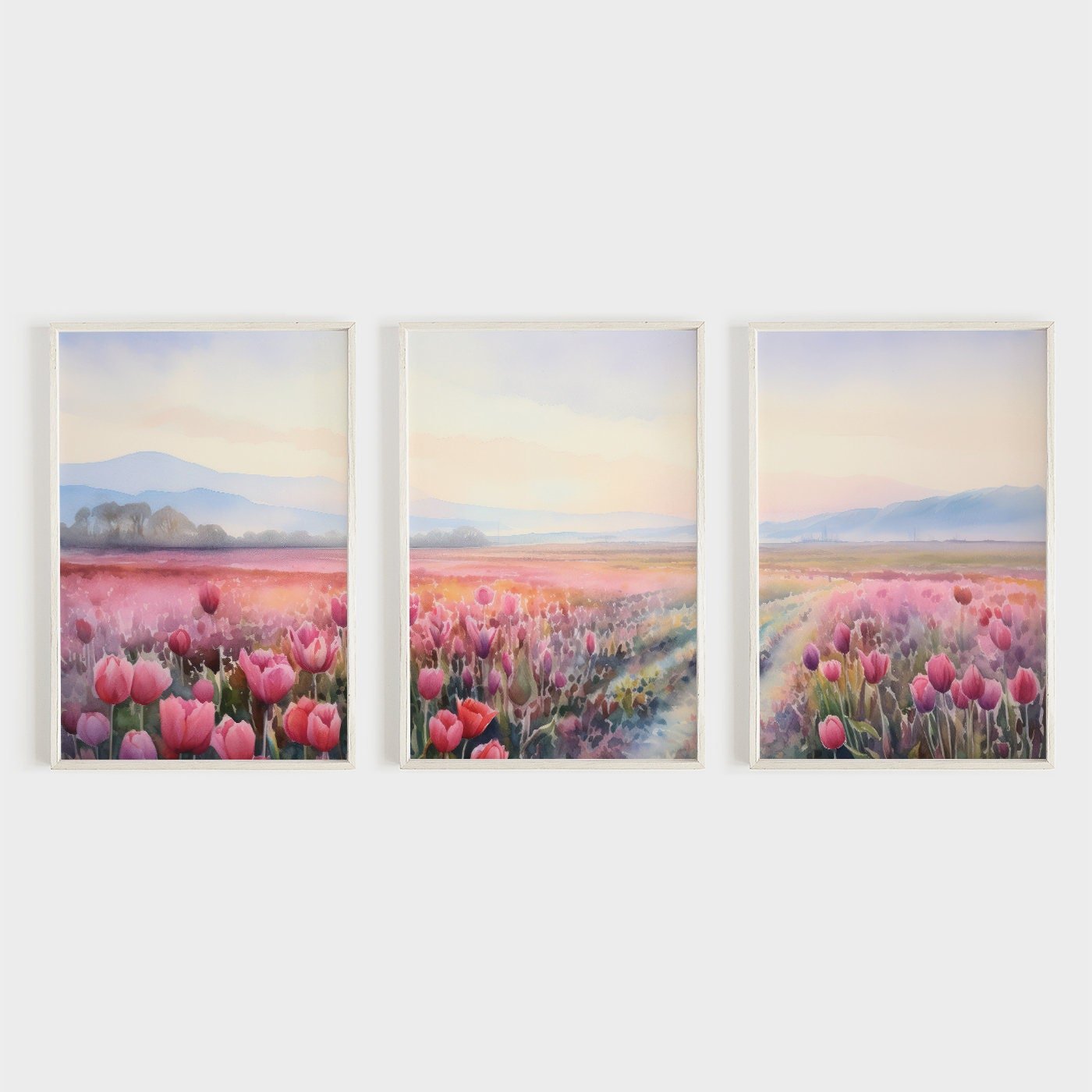 Tulip Field Art Triptych, Mountain Sunset & Blooming Flowers Decor - WildfieldPrints