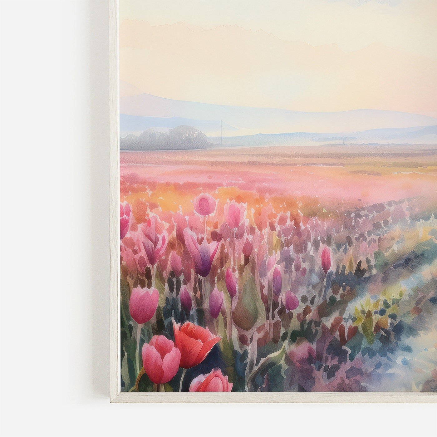 Tulip Field Art Triptych, Mountain Sunset & Blooming Flowers Decor - WildfieldPrints
