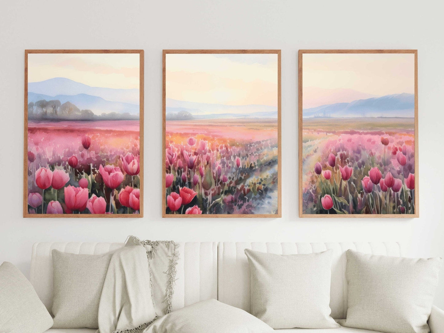 Tulip Field Art Triptych, Mountain Sunset & Blooming Flowers Decor - WildfieldPrints
