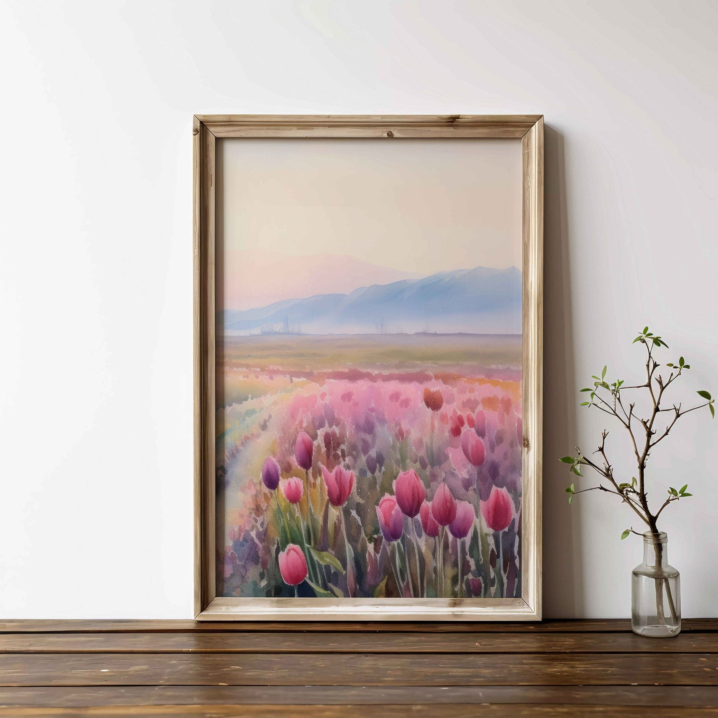 Tulip Painting, Pink Flower Wall Art, Floral Landscape Decor - WildfieldPrints