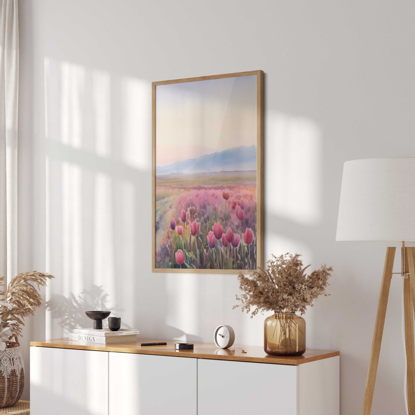 Tulip Painting, Pink Flower Wall Art, Floral Landscape Decor - WildfieldPrints