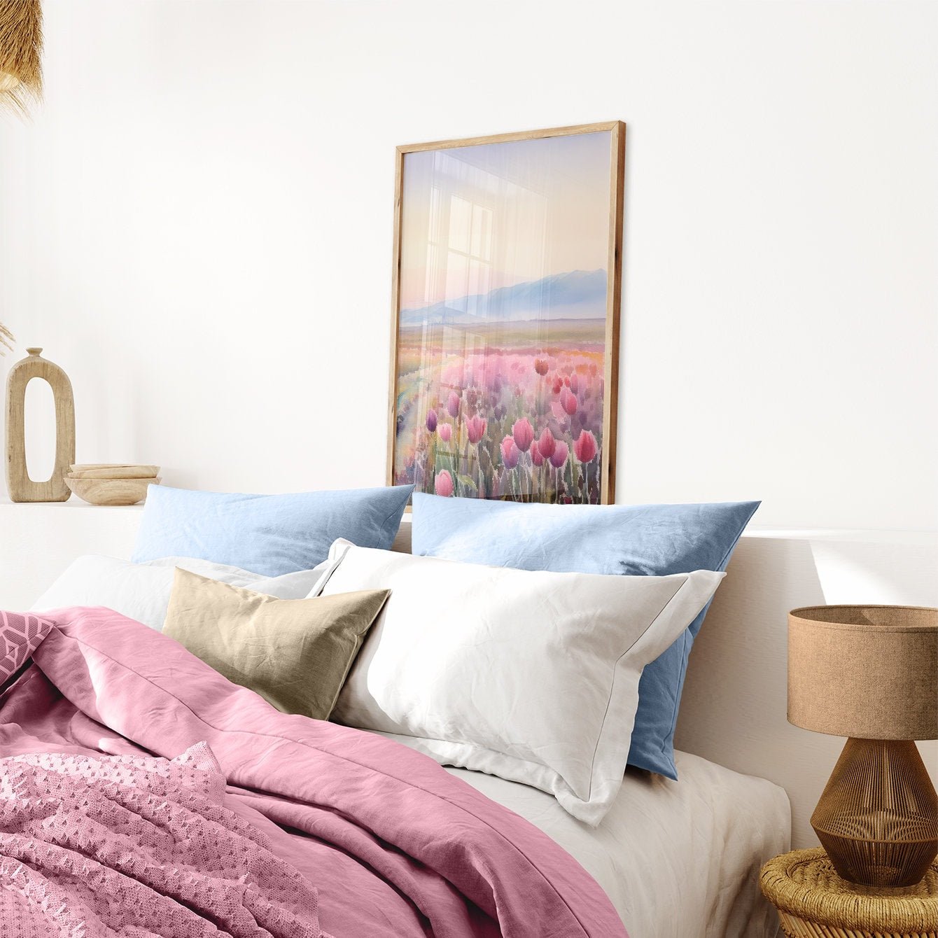 Tulip Painting, Pink Flower Wall Art, Floral Landscape Decor - WildfieldPrints