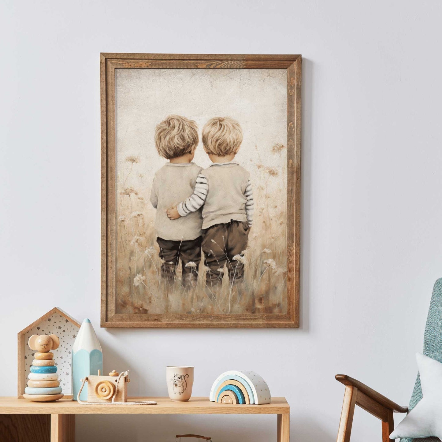 Twin Brothers Wall Art, Rustic Boys Room Decor, Whimsical Prints - WildfieldPrints