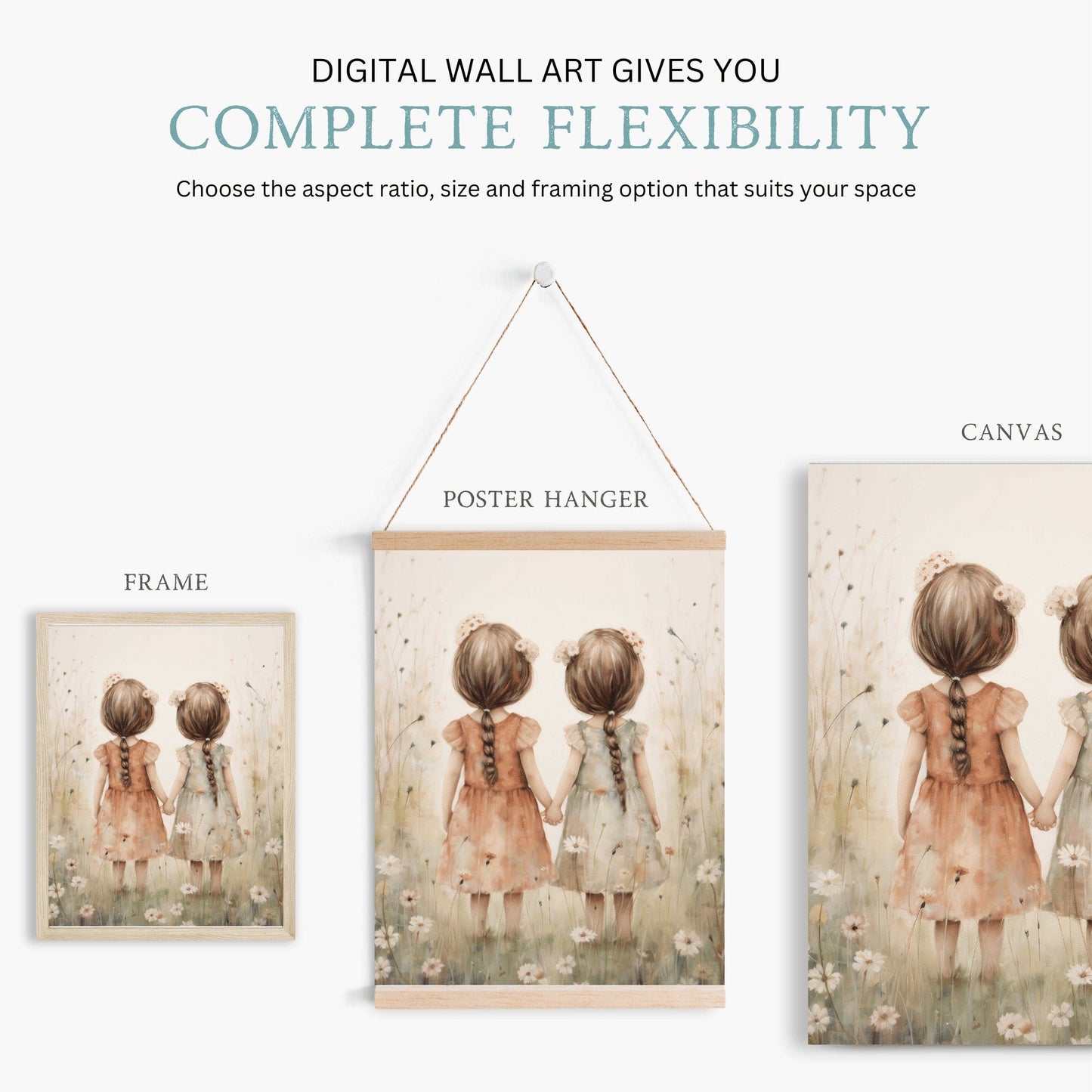 Twin Sisters Wall Art, Vintage Floral Decor, Friendship Room Print - WildfieldPrints