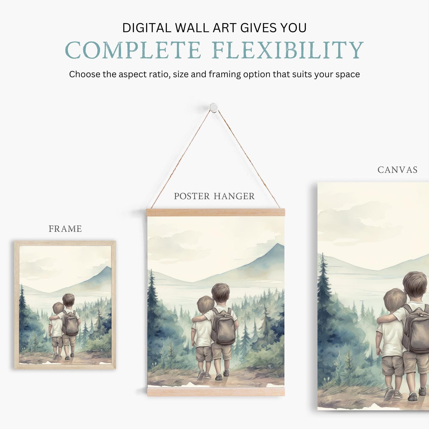 Two Young Brothers Print, Siblings Hiking Adventure, Forest and Mountain Landscape, Nursery Room Decor, Brother Bedroom, Printable Wall Art - My Store