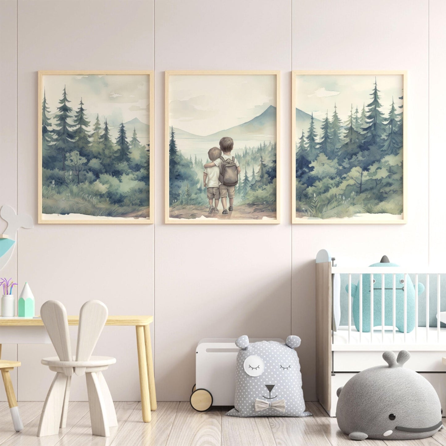 Two Young Brothers Print, Siblings Hiking Adventure, Forest and Mountain Landscape, Nursery Room Decor, Brother Bedroom, Printable Wall Art - My Store