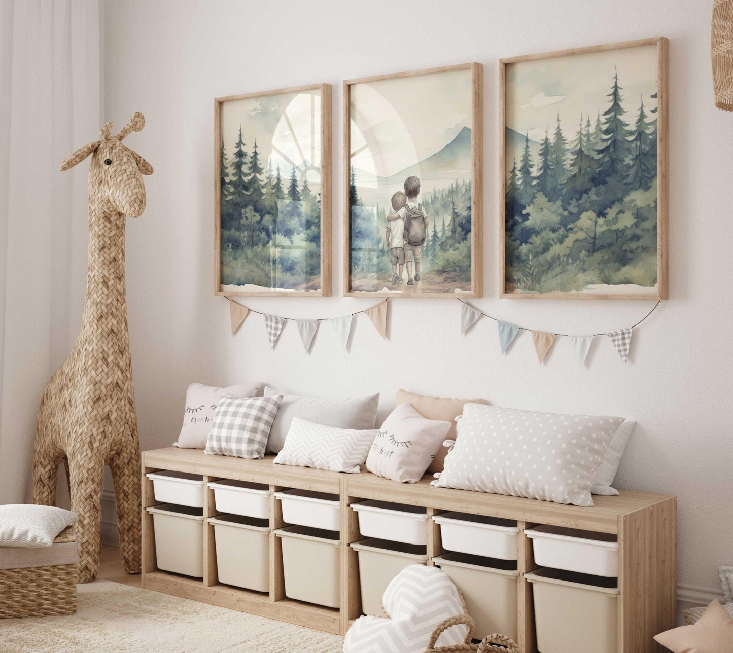 Two Young Brothers Print, Siblings Hiking Adventure, Forest and Mountain Landscape, Nursery Room Decor, Brother Bedroom, Printable Wall Art - My Store