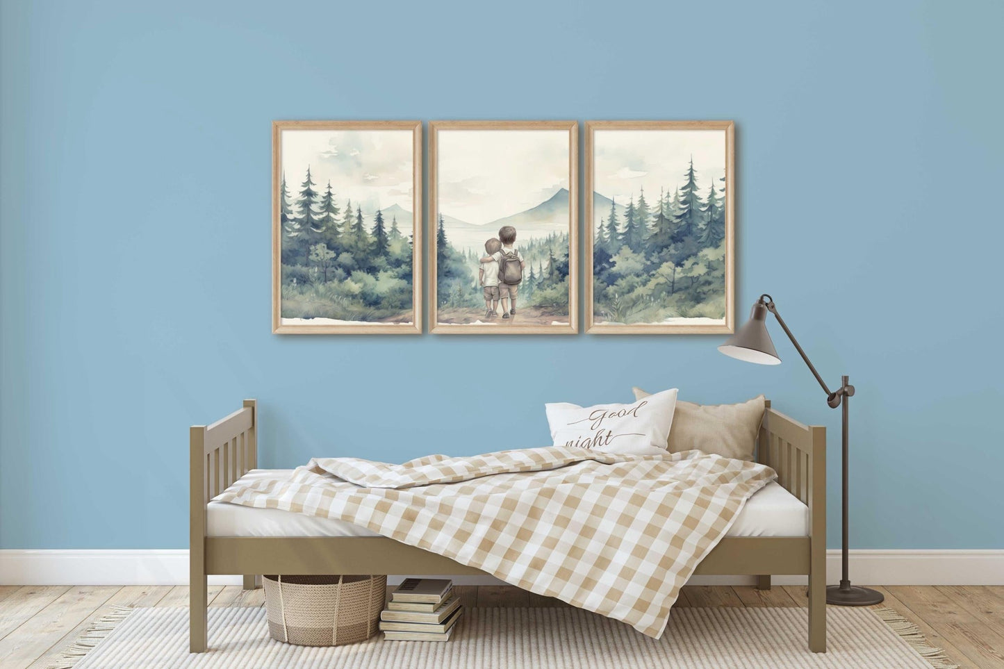 Two Young Brothers Print, Siblings Hiking Adventure, Forest and Mountain Landscape, Nursery Room Decor, Brother Bedroom, Printable Wall Art - My Store