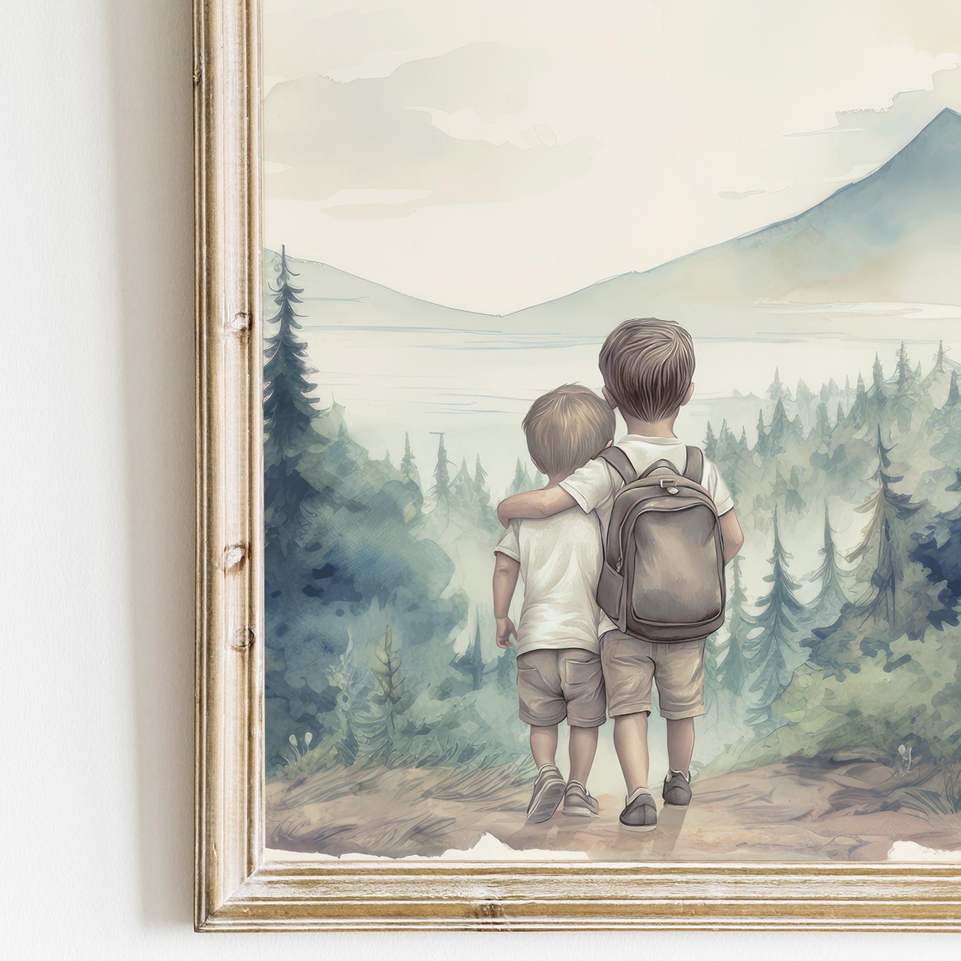 Two Young Brothers Print, Siblings Hiking Adventure, Forest and Mountain Landscape, Nursery Room Decor, Brother Bedroom, Printable Wall Art - My Store