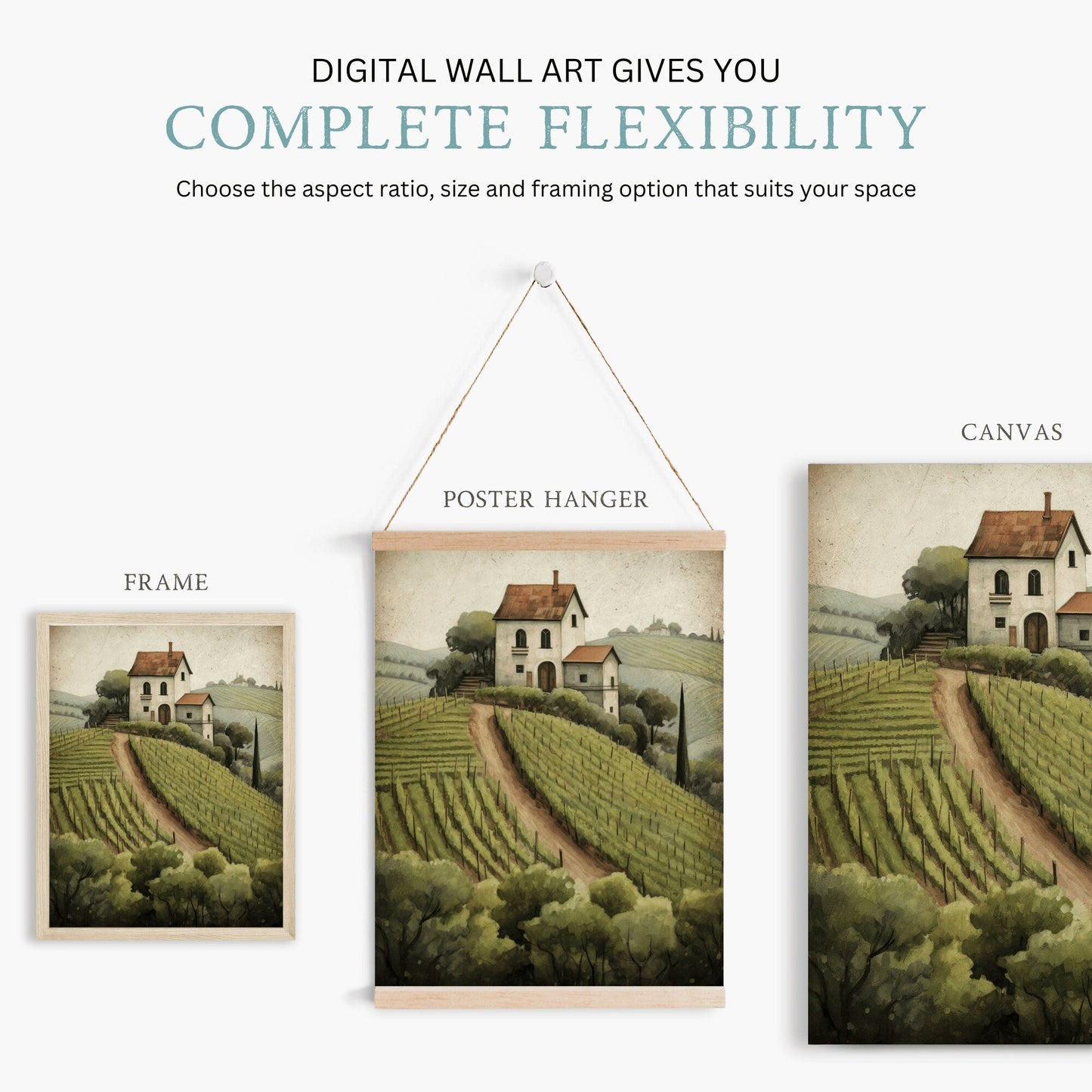 Vineyard Art Print, Rustic Mediterranean Wall Decor, Country Landscape - WildfieldPrints