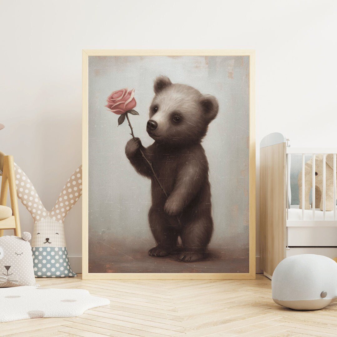 Vintage Baby Animal Wall Art - Brown Bear Cub with Pink Rose, Unique Nursery Decor - WildfieldPrints