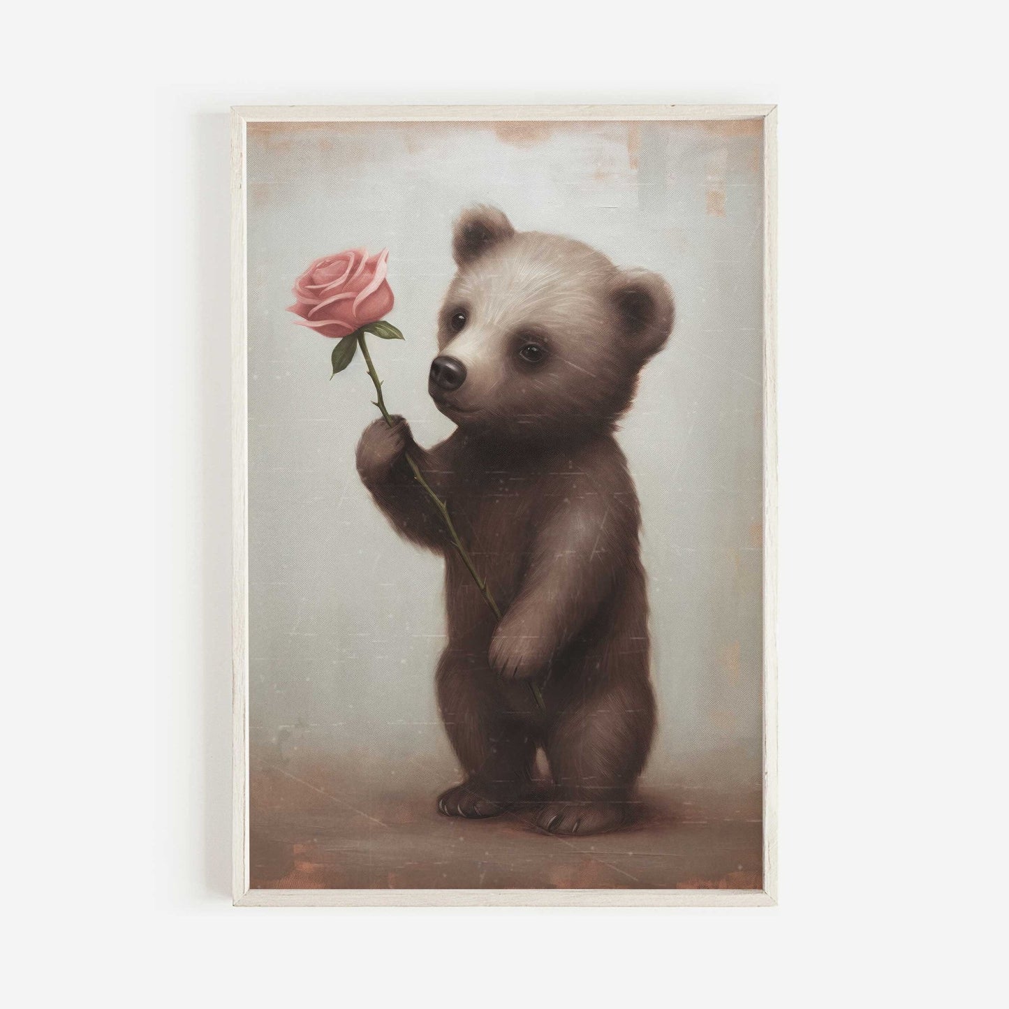 Vintage Baby Animal Wall Art - Brown Bear Cub with Pink Rose, Unique Nursery Decor - WildfieldPrints