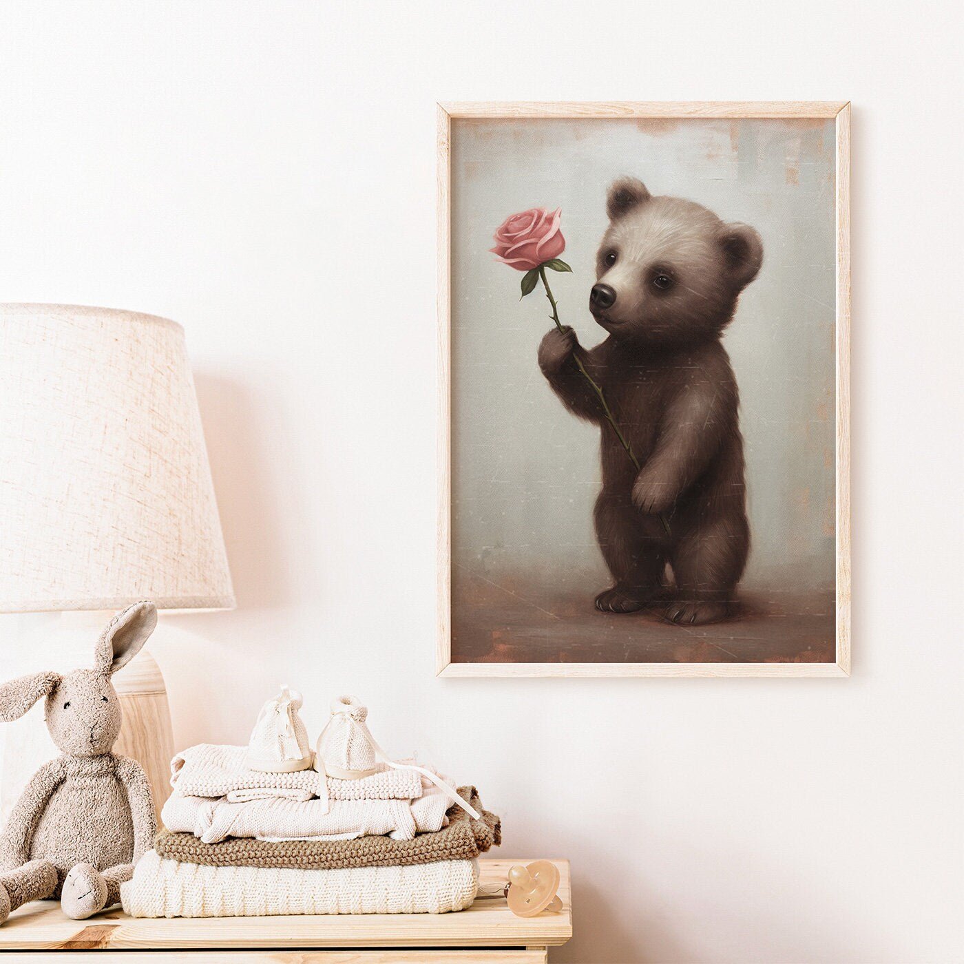 Vintage Baby Animal Wall Art - Brown Bear Cub with Pink Rose, Unique Nursery Decor - WildfieldPrints