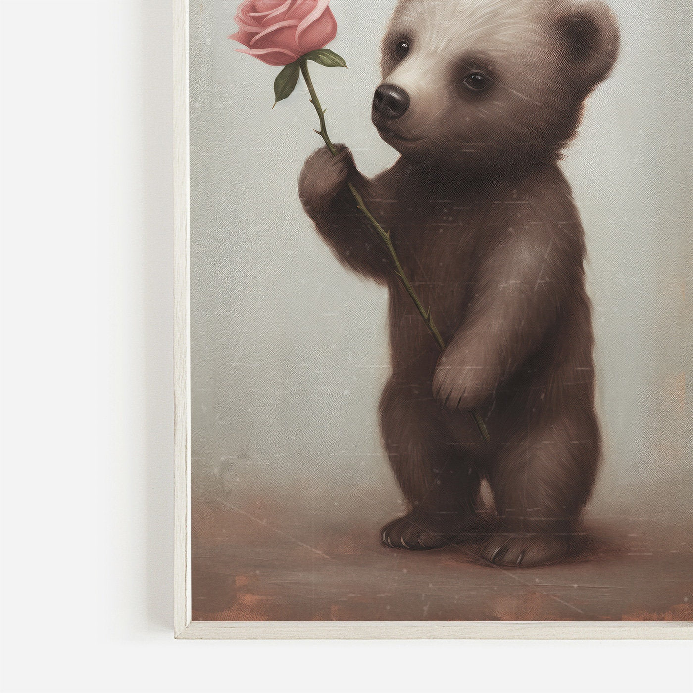 Vintage Baby Animal Wall Art - Brown Bear Cub with Pink Rose, Unique Nursery Decor - WildfieldPrints
