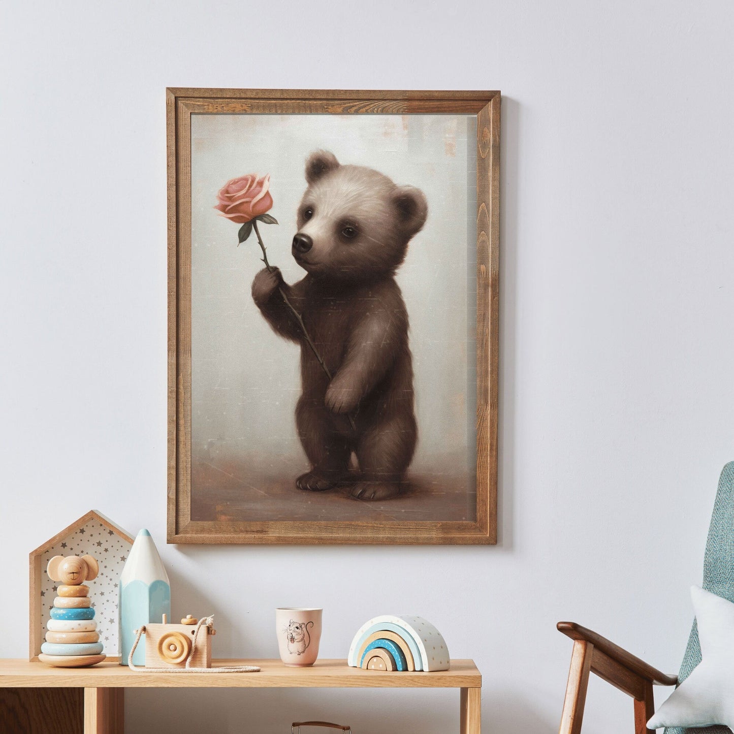 Vintage Baby Animal Wall Art - Brown Bear Cub with Pink Rose, Unique Nursery Decor - WildfieldPrints