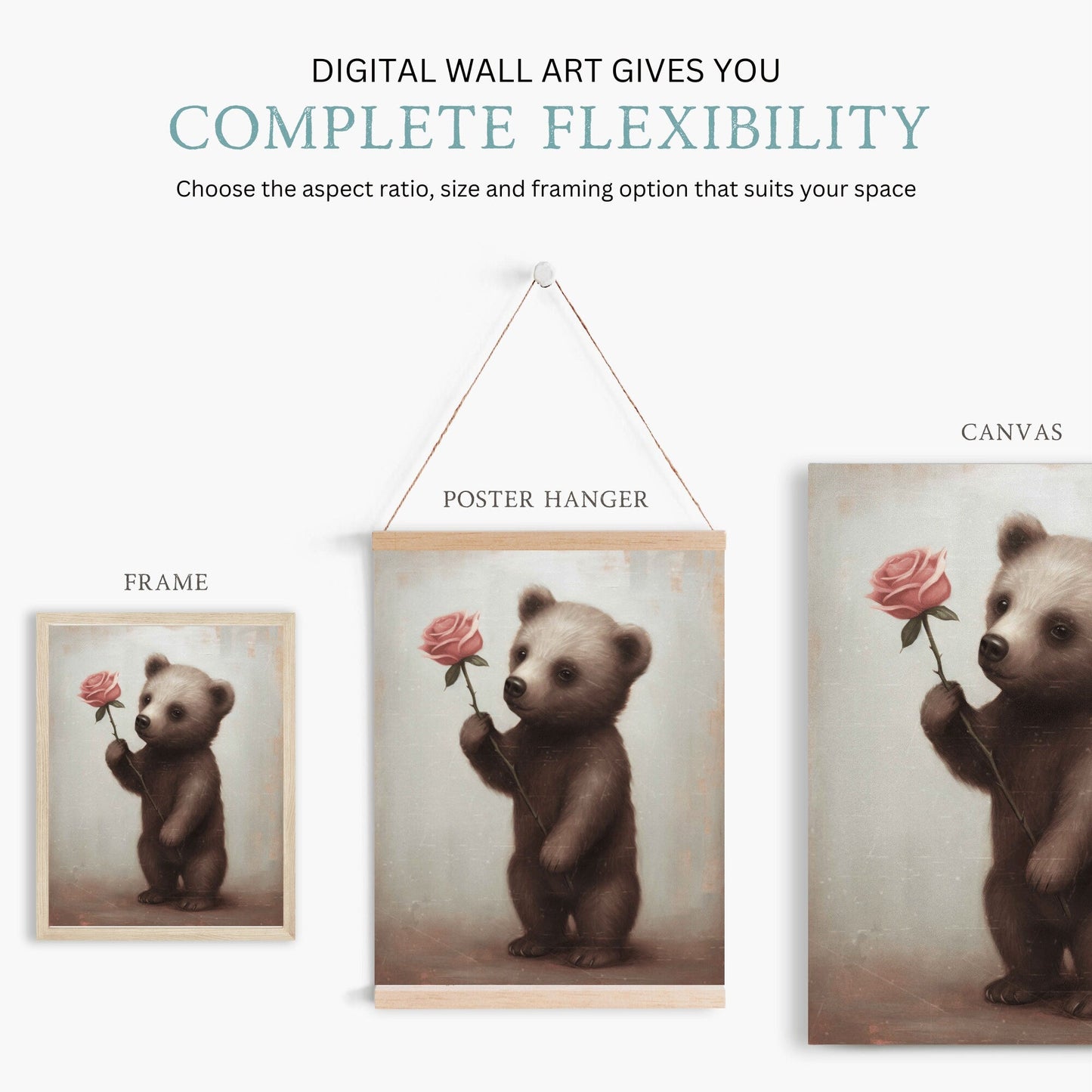 Vintage Baby Animal Wall Art - Brown Bear Cub with Pink Rose, Unique Nursery Decor - WildfieldPrints