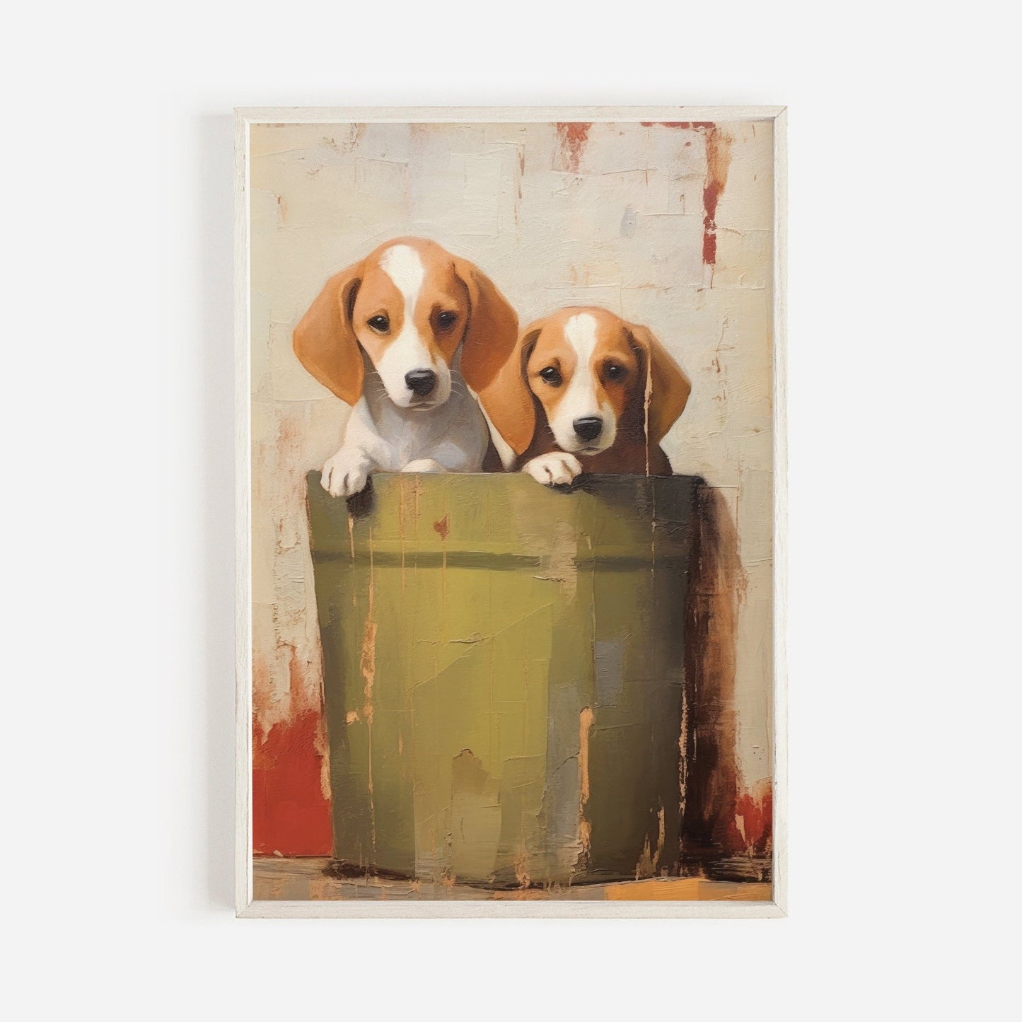 Vintage Beagle Puppy Wall Art, Rustic Dog Lovers Decor, Colorful Design - WildfieldPrints