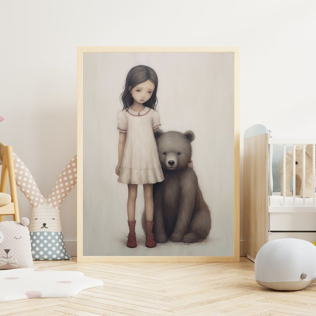 Vintage Bear Hug Nursery Art, Charming Nature Decor for Girls - WildfieldPrints
