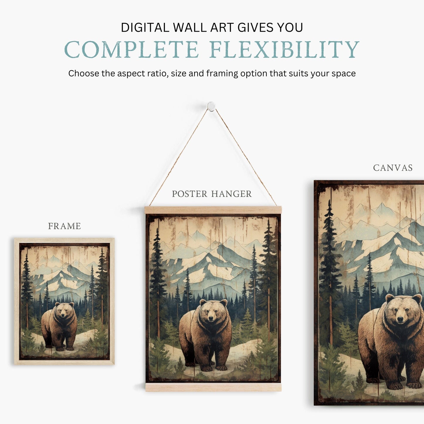 Vintage Bear Wall Art, Forest Animal Decor, Rustic Nature Artwork - WildfieldPrints