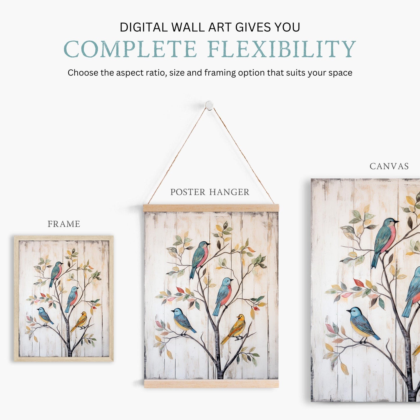 Vintage Birds Wall Art, Rustic Home Decor, Tree Print Design - WildfieldPrints