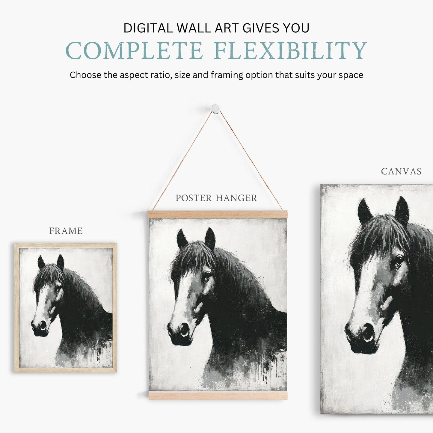 Vintage Black Horse Print, Equestrian Wall Art, Rustic Farmhouse Decor - WildfieldPrints