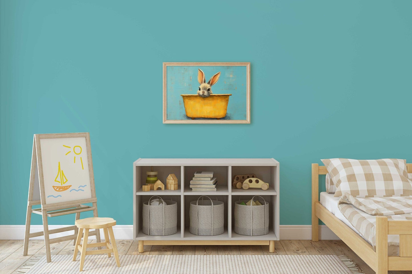 Vintage Bunny Bath Tub Nursery Wall Art, Cute Animal Decor for Kids - WildfieldPrints