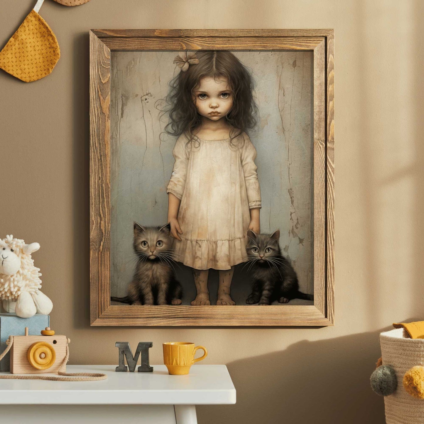 Vintage Cat Nursery Art, Whimsigoth Decor, Little Girl with Black Cat - WildfieldPrints