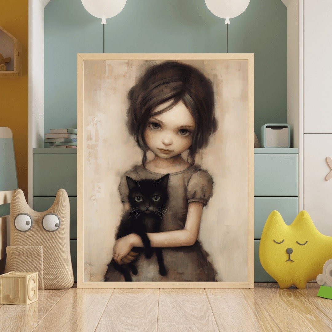 Vintage Cat Nursery Art, Whimsigoth Decor, Little Girl with Black Cat - WildfieldPrints
