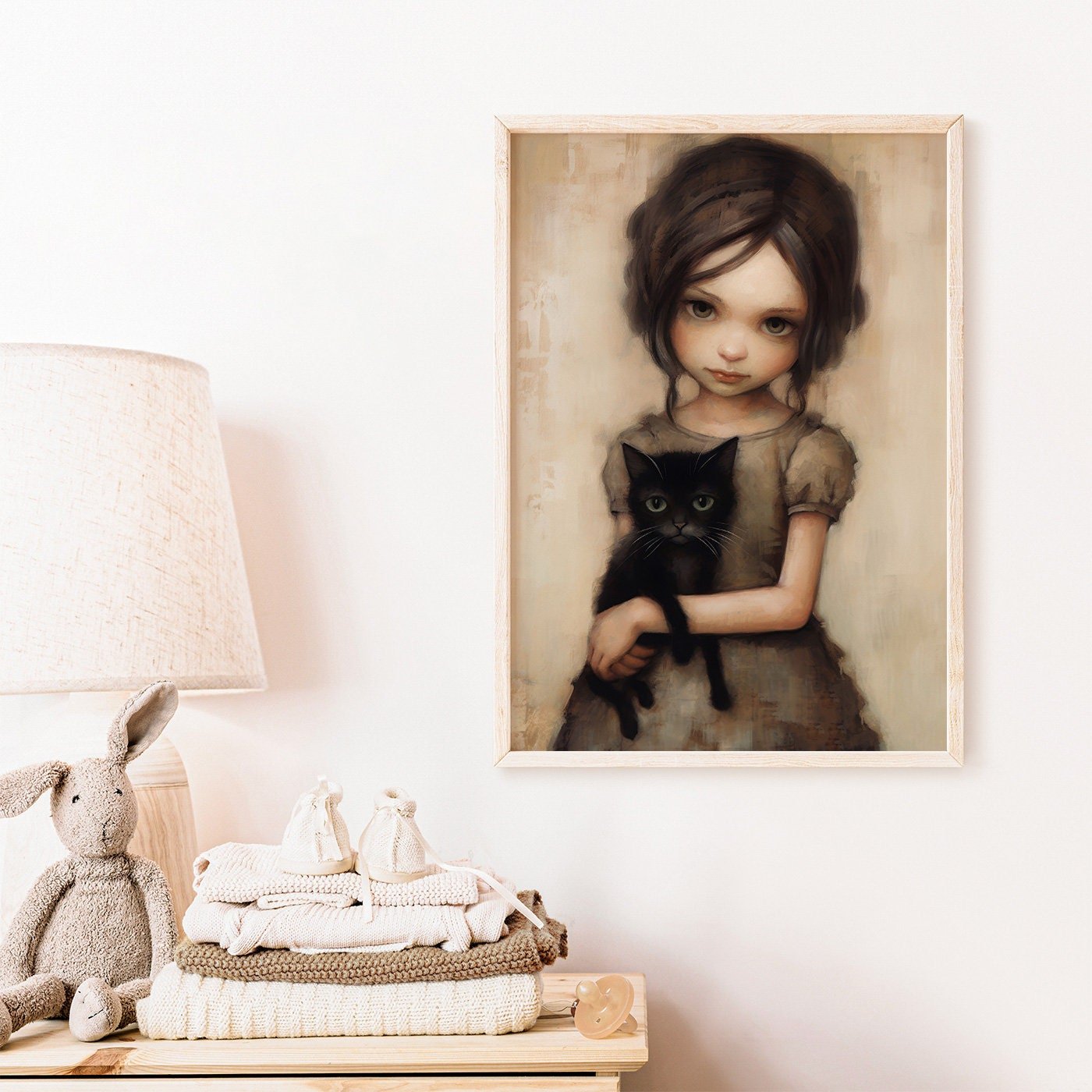 Vintage Cat Nursery Art, Whimsigoth Decor, Little Girl with Black Cat - WildfieldPrints