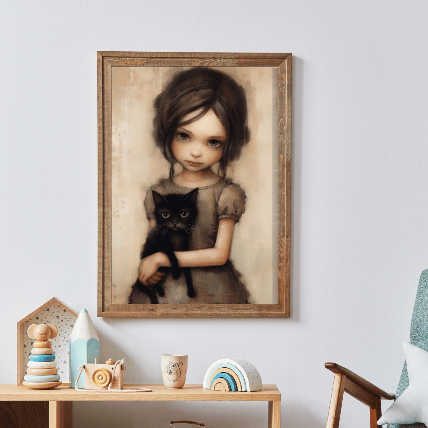 Vintage Cat Nursery Art, Whimsigoth Decor, Little Girl with Black Cat - WildfieldPrints