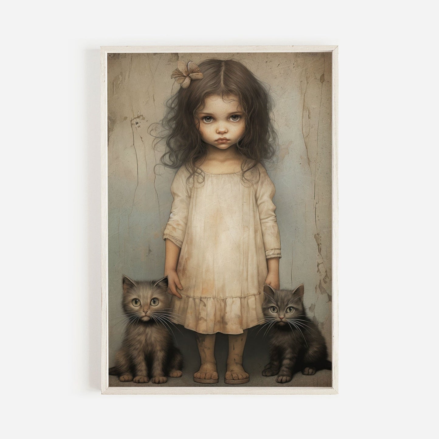 Vintage Cat Nursery Art, Whimsigoth Decor, Little Girl with Black Cat - WildfieldPrints