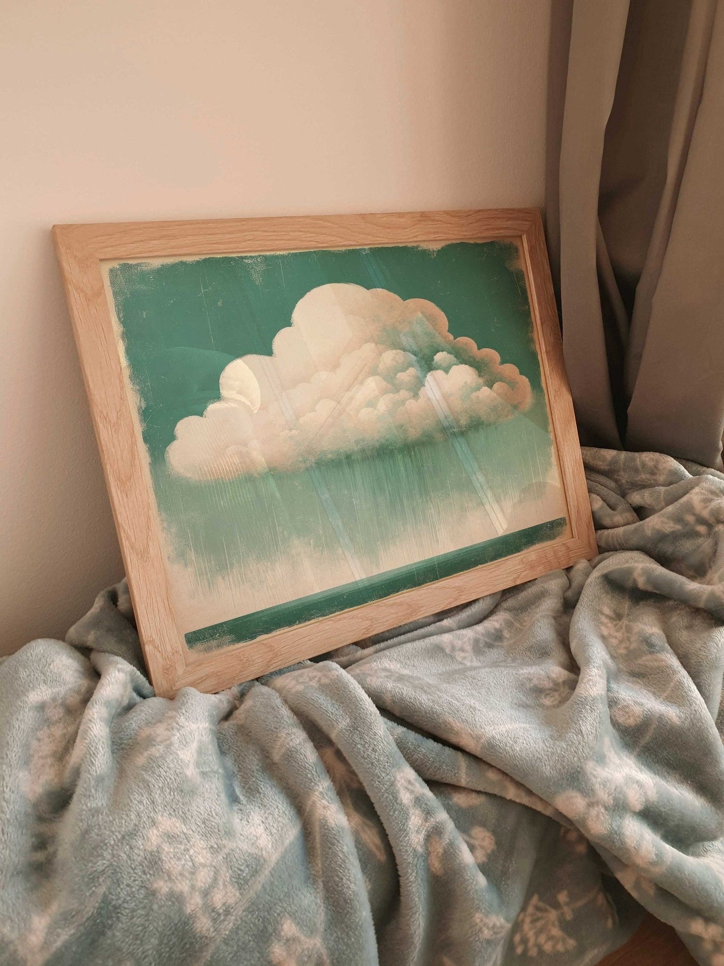 Vintage Cloud Print, Emerald Green Wall Art, Rustic Living Room Decor - WildfieldPrints