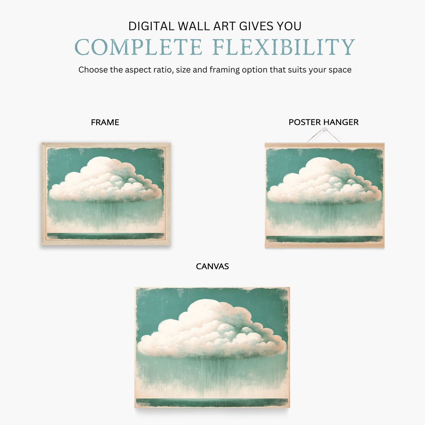 Vintage Cloud Print, Emerald Green Wall Art, Rustic Living Room Decor - WildfieldPrints