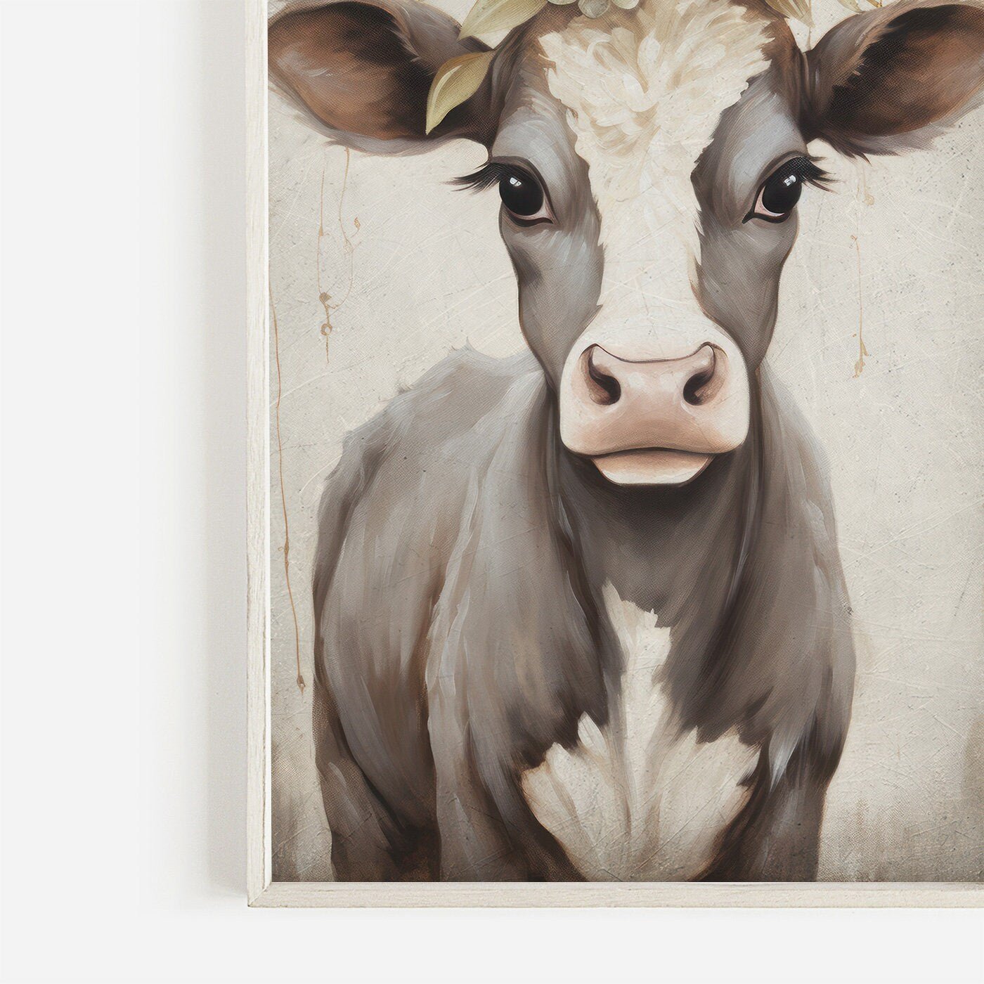 Vintage Cow Portrait, Floral Animal Wall Decor, Rustic Farmhouse Art - WildfieldPrints