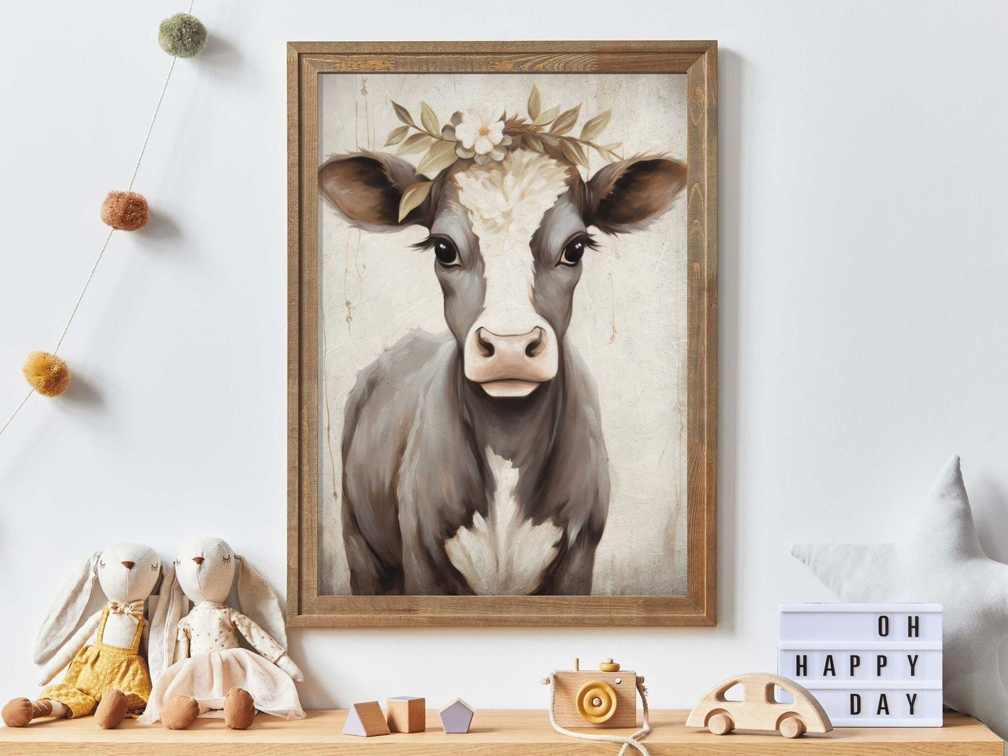 Vintage Cow Portrait, Floral Animal Wall Decor, Rustic Farmhouse Art - WildfieldPrints